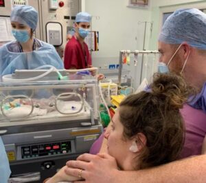 Baby Mari Glyn’s parents Bethan and Carwyn watch over her while she is cared for in the NICU.