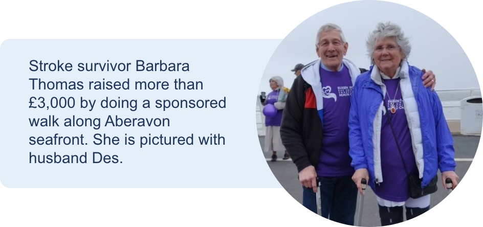 Stroke survivor Barbara Thomas raised more than £3,000 by doing a sponsored walk along Aberavon seafront. She is pictured with husband Des.