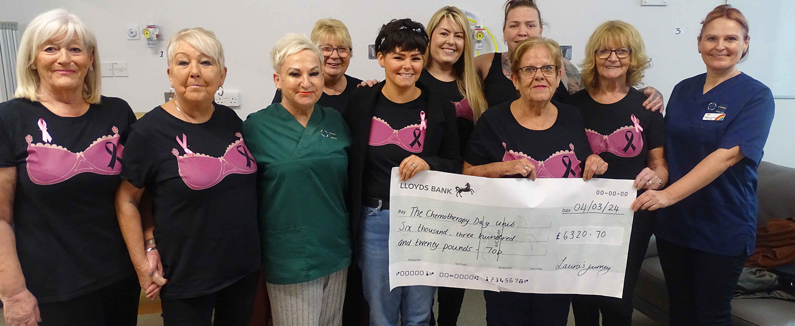  Laura, Bonita and friends hand over the cheque at the Chemotherapy Day Unit. Joining them are health care support worker Carolyne Paddison (third left) and CDU sister Allison Church (right).